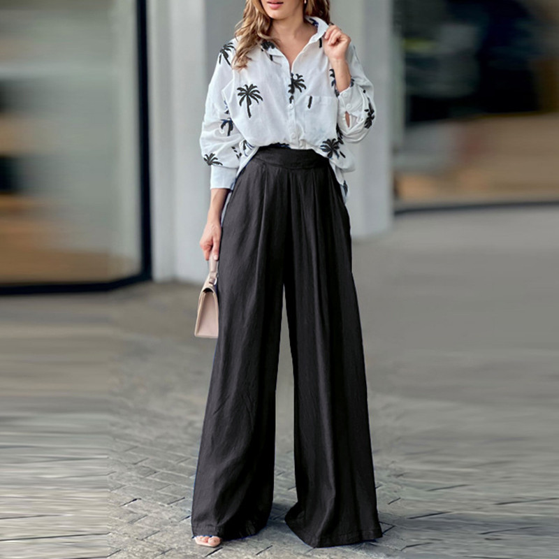 Odjevne kombinacije košulja dugih rukava u OL stilu Ženska bluza s ovratnikom i gornji dio hlača sa širokim nogavicama Kompleti proljeće jesen Odijelo s printom stabla