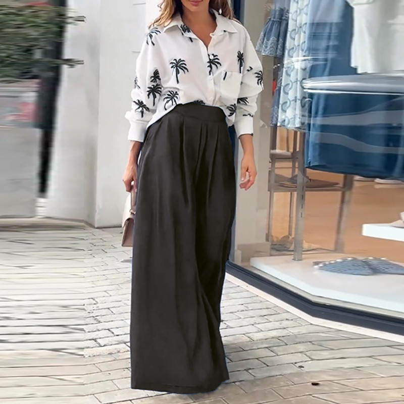 Odjevne kombinacije košulja dugih rukava u OL stilu Ženska bluza s ovratnikom i gornji dio hlača sa širokim nogavicama Kompleti proljeće jesen Odijelo s printom stabla