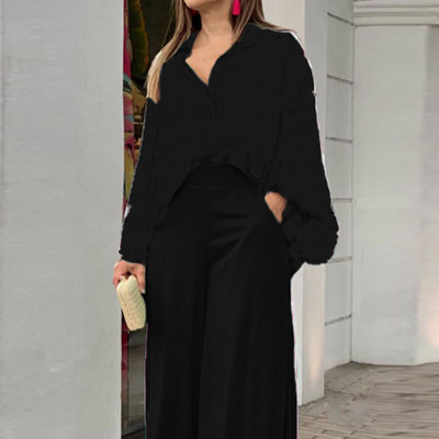 Set de cămașă pentru femei de mărime mare, toamnă iarnă, 2023, costum casual, cu decolteu în V, cu mânecă lungă, pantaloni lați, talie înaltă, set de două piese