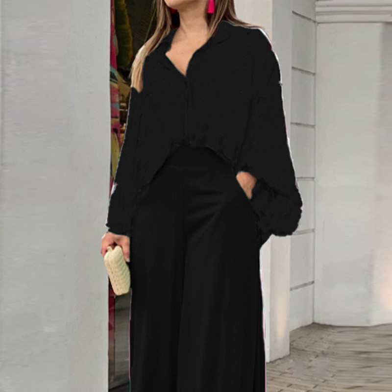 Set de cămașă pentru femei de mărime mare, toamnă iarnă, 2023, costum casual, cu decolteu în V, cu mânecă lungă, pantaloni lați, talie înaltă, set de două piese