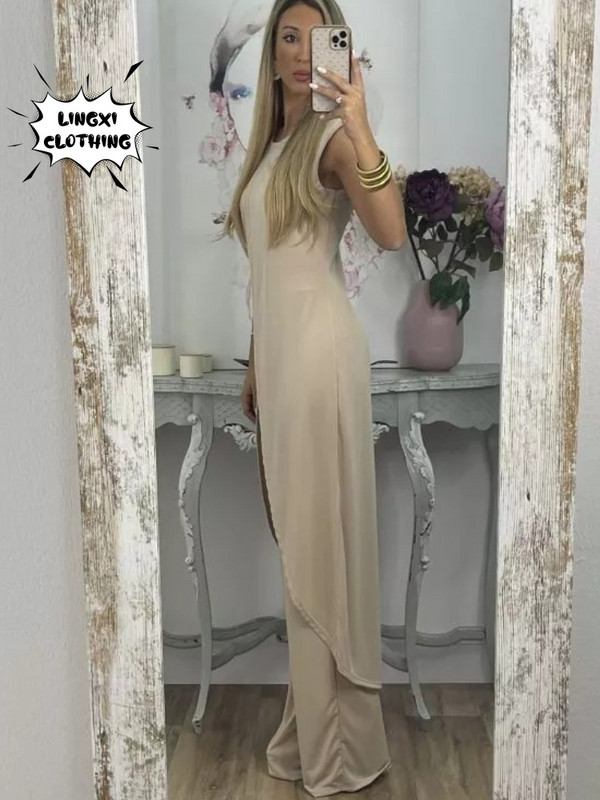 2023. Jesenska moda, nove ležerne široke hlače bez rukava s okruglim izrezom za 2023. Ženski dvodijelni komplet Elegantnog temperamentnog dugačkog gornjeg kompleta