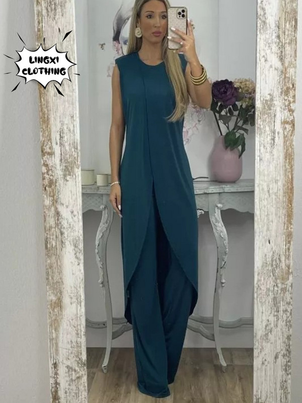 2023. Jesenska moda, nove ležerne široke hlače bez rukava s okruglim izrezom za 2023. Ženski dvodijelni komplet Elegantnog temperamentnog dugačkog gornjeg kompleta