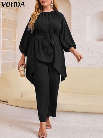 Plus Size 5XL VONDA Γυναικεία Παντελόνια 2023 Καλοκαιρινό ασύμμετρο επάνω ζώνη με ελαστική μακριά μέση παντελόνι Casual Solid Loose Elegant 2 ΤΕΜ