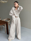 Clacive Ležerna široka bež lanena ženska dvodijelna odjeća 2023 Elegantna bluza dugih rukava s visokim strukom Ženski komplet širokih hlača