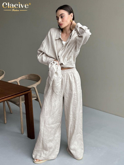Clacive Ležerna široka bež lanena ženska dvodijelna odjeća 2023 Elegantna bluza dugih rukava s visokim strukom Ženski komplet širokih hlača