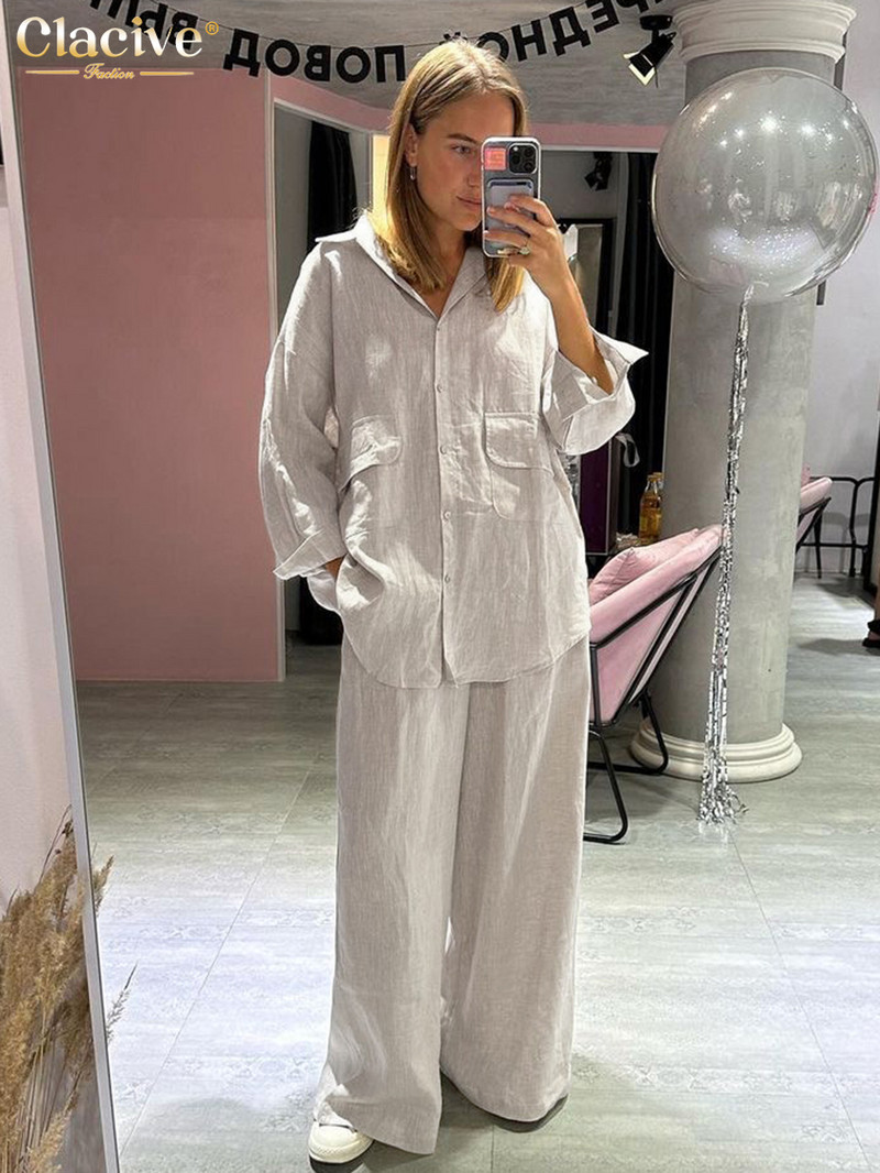 Clacive Ležerna široka bež lanena ženska dvodijelna odjeća 2023 Elegantna bluza dugih rukava s visokim strukom Ženski komplet širokih hlača