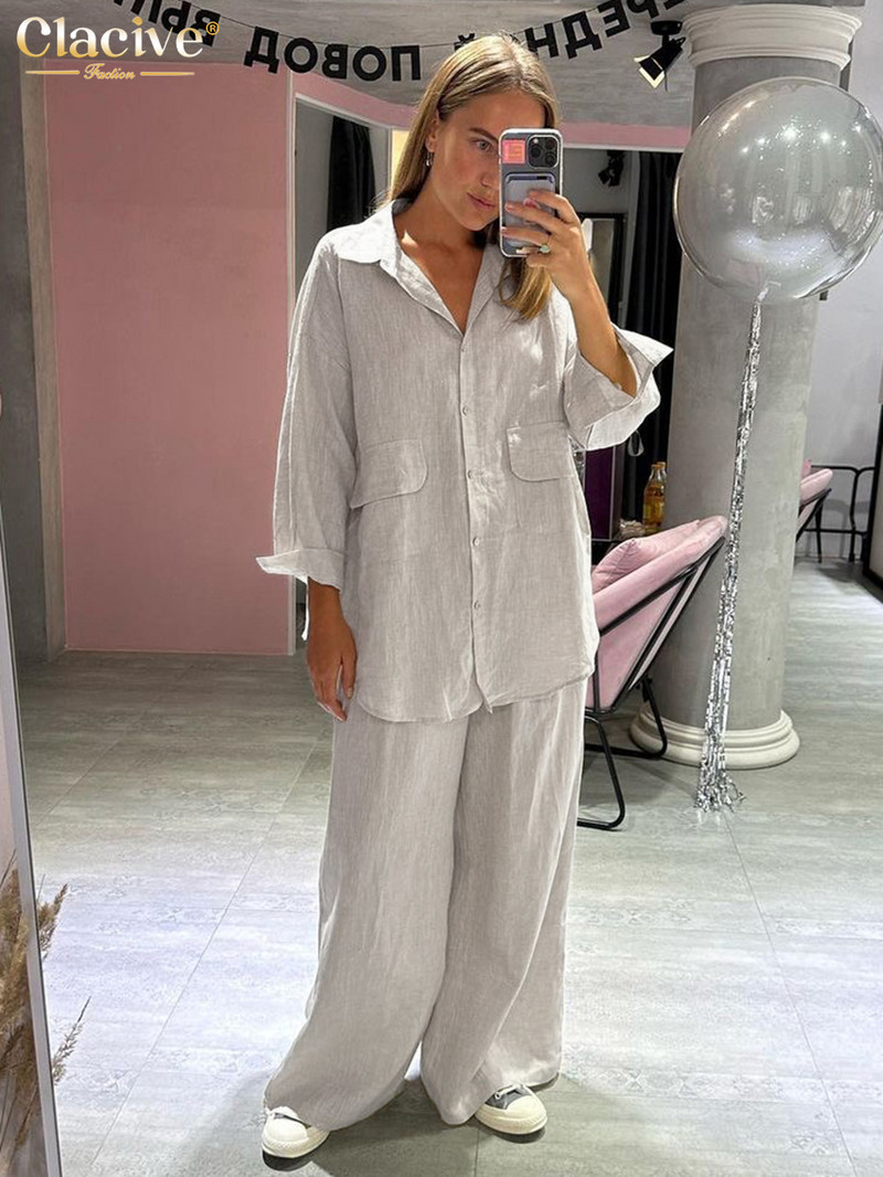 Clacive Ležerna široka bež lanena ženska dvodijelna odjeća 2023 Elegantna bluza dugih rukava s visokim strukom Ženski komplet širokih hlača