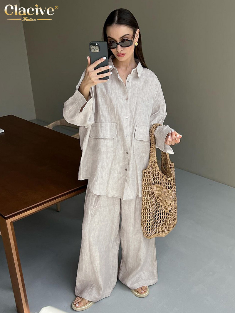 Clacive Ležerna široka bež lanena ženska dvodijelna odjeća 2023 Elegantna bluza dugih rukava s visokim strukom Ženski komplet širokih hlača