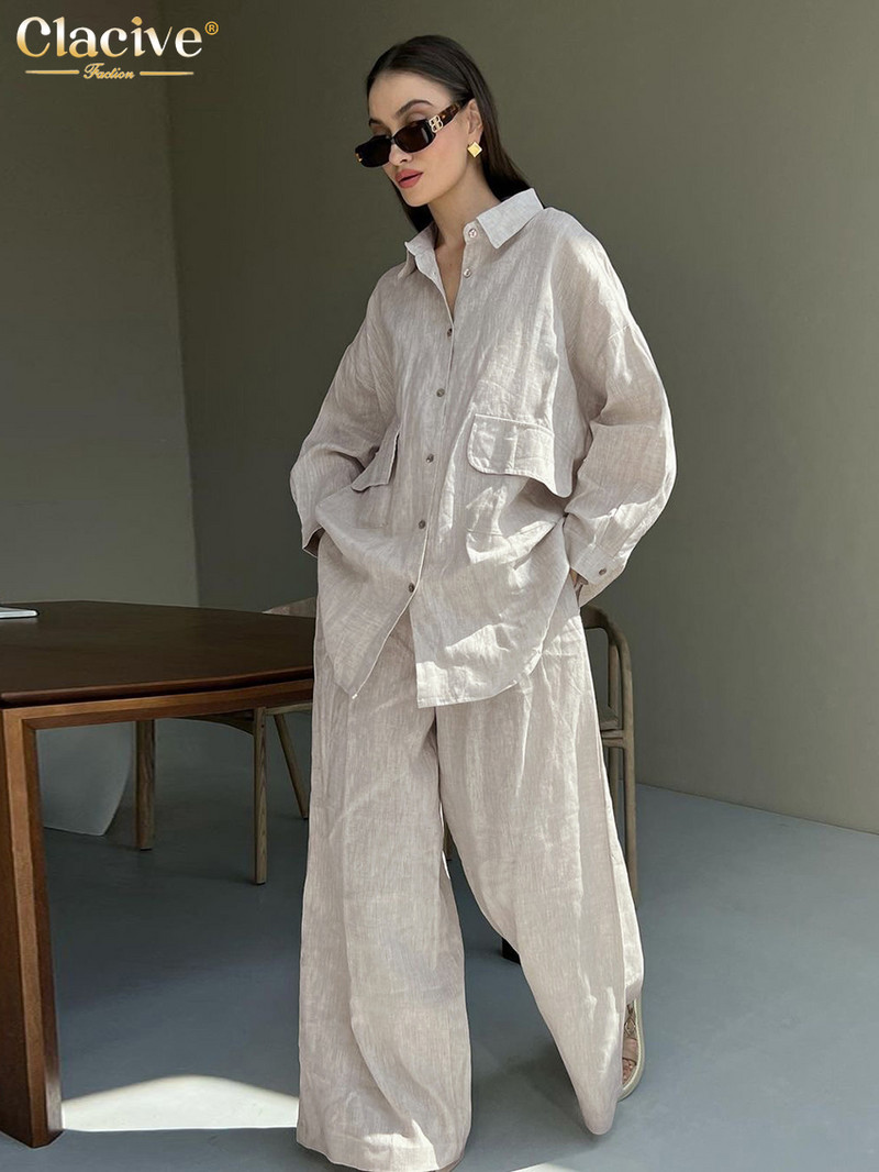 Clacive Ležerna široka bež lanena ženska dvodijelna odjeća 2023 Elegantna bluza dugih rukava s visokim strukom Ženski komplet širokih hlača