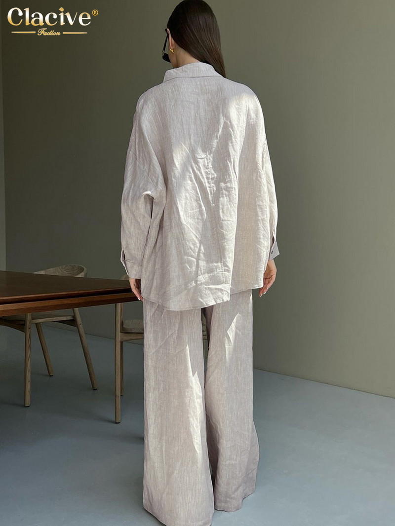 Clacive Ležerna široka bež lanena ženska dvodijelna odjeća 2023 Elegantna bluza dugih rukava s visokim strukom Ženski komplet širokih hlača