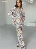 Clacive Ležerni široki kompleti od 2 komada Ženska odjeća Elegantna majica dugih rukava na vezanje s visokim strukom Komplet širokih hlača Domaća odjeća