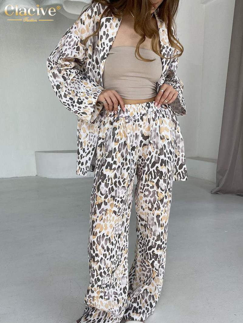 Clacive Ležerni široki kompleti od 2 komada Ženska odjeća Elegantna majica dugih rukava na vezanje s visokim strukom Komplet širokih hlača Domaća odjeća