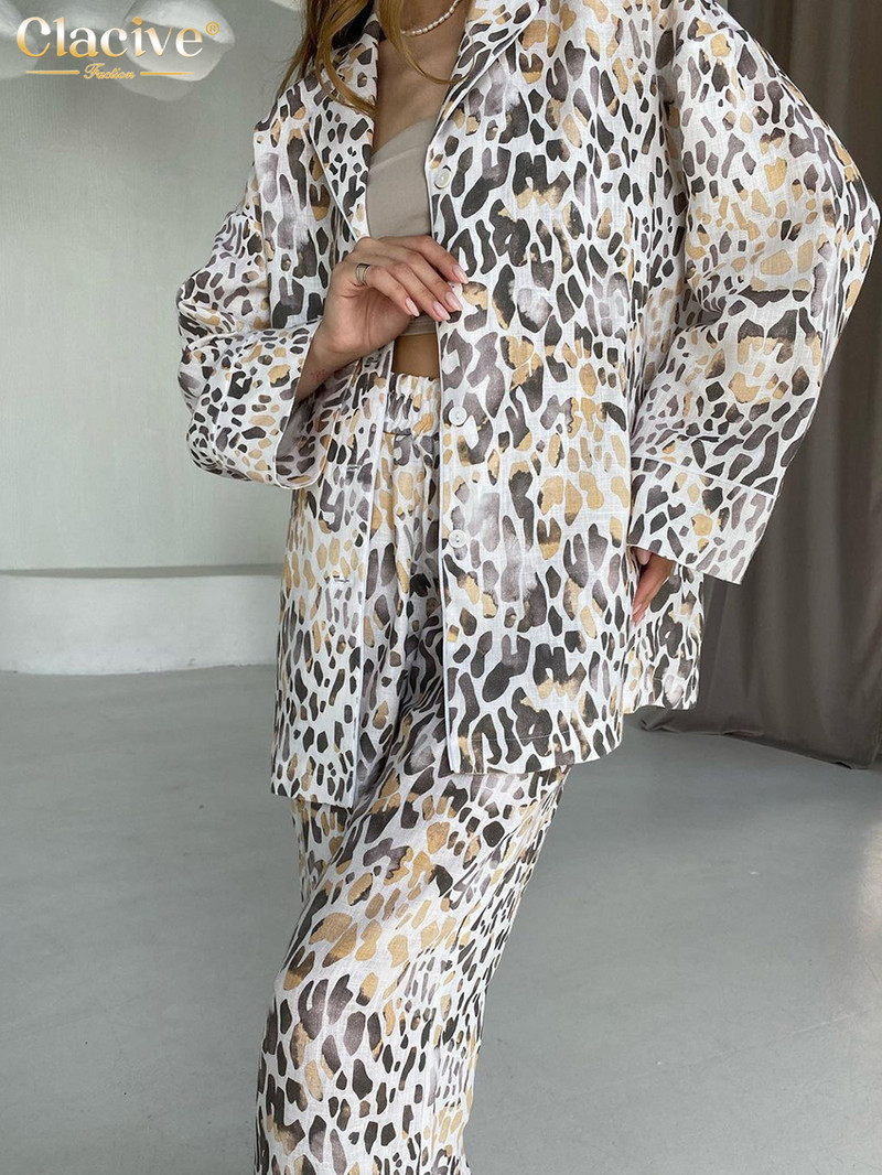 Clacive Ležerni široki kompleti od 2 komada Ženska odjeća Elegantna majica dugih rukava na vezanje s visokim strukom Komplet širokih hlača Domaća odjeća