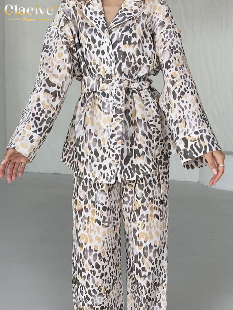 Clacive Ležerni široki kompleti od 2 komada Ženska odjeća Elegantna majica dugih rukava na vezanje s visokim strukom Komplet širokih hlača Domaća odjeća