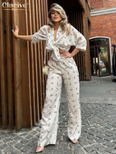 Clacive Modni kompleti od 2 komada širokih printova Ženska odjeća Elegantna košulja dugih rukava s visokim strukom Komplet širokih hlača Ženska ulična odjeća