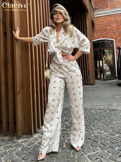 Clacive Modni kompleti od 2 komada širokih printova Ženska odjeća Elegantna košulja dugih rukava s visokim strukom Komplet širokih hlača Ženska ulična odjeća