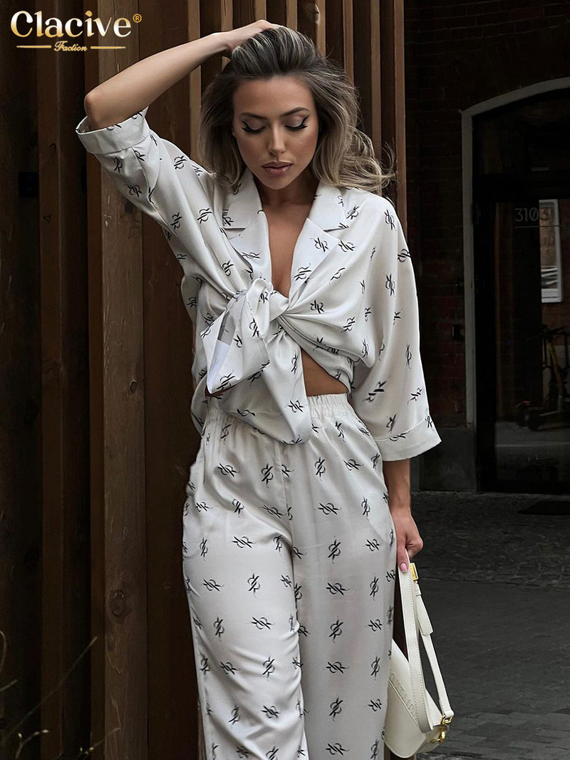 Clacive Modni kompleti od 2 komada širokih printova Ženska odjeća Elegantna košulja dugih rukava s visokim strukom Komplet širokih hlača Ženska ulična odjeća