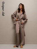 Blazer elegante din satin cu mâneci lungi costume femei guler răsturnat cu curea Seturi 2 piese 2022 toamna dame ținute pantaloni cu talie înaltă