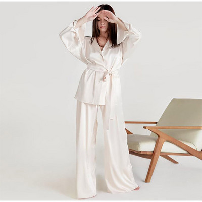 Blazer elegante din satin cu mâneci lungi costume femei guler răsturnat cu curea Seturi 2 piese 2022 toamna dame ținute pantaloni cu talie înaltă