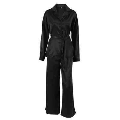 Blazer elegante din satin cu mâneci lungi costume femei guler răsturnat cu curea Seturi 2 piese 2022 toamna dame ținute pantaloni cu talie înaltă