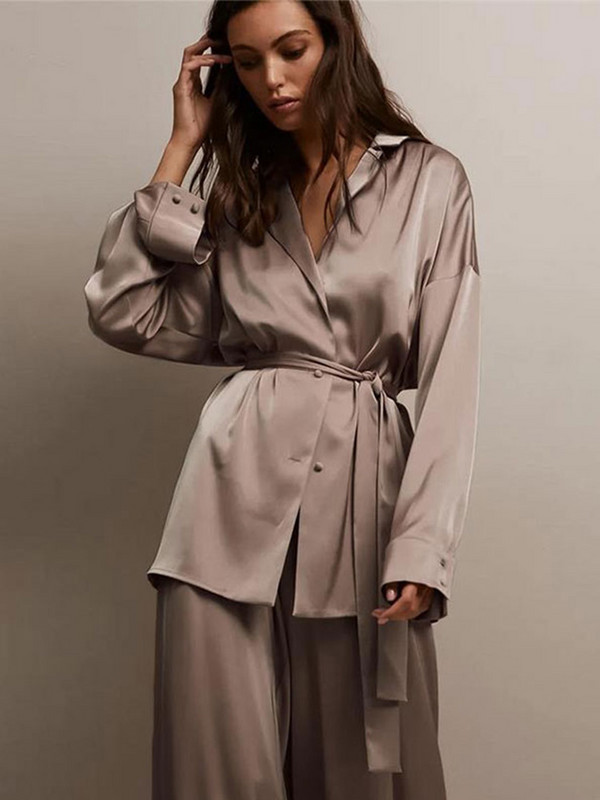 Blazer elegante din satin cu mâneci lungi costume femei guler răsturnat cu curea Seturi 2 piese 2022 toamna dame ținute pantaloni cu talie înaltă