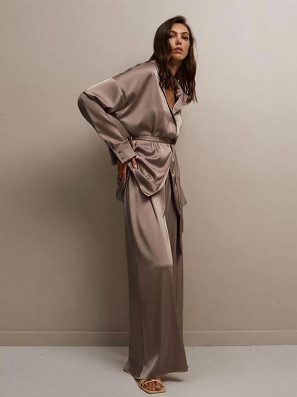 Blazer elegante din satin cu mâneci lungi costume femei guler răsturnat cu curea Seturi 2 piese 2022 toamna dame ținute pantaloni cu talie înaltă