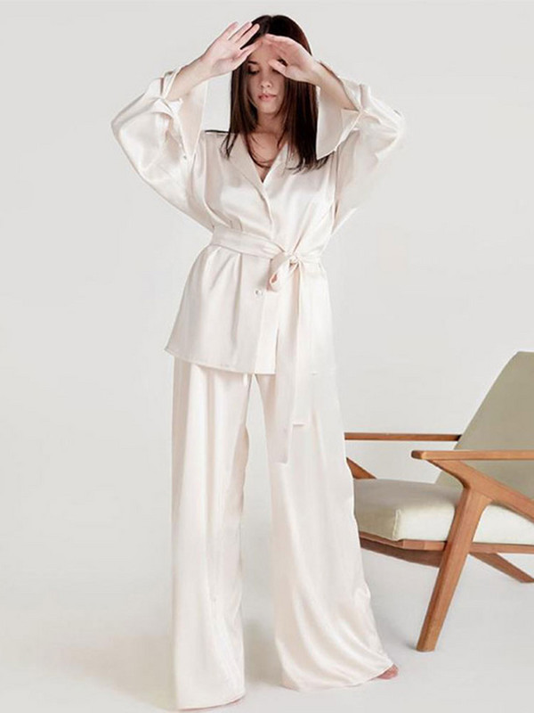 Blazer elegante din satin cu mâneci lungi costume femei guler răsturnat cu curea Seturi 2 piese 2022 toamna dame ținute pantaloni cu talie înaltă