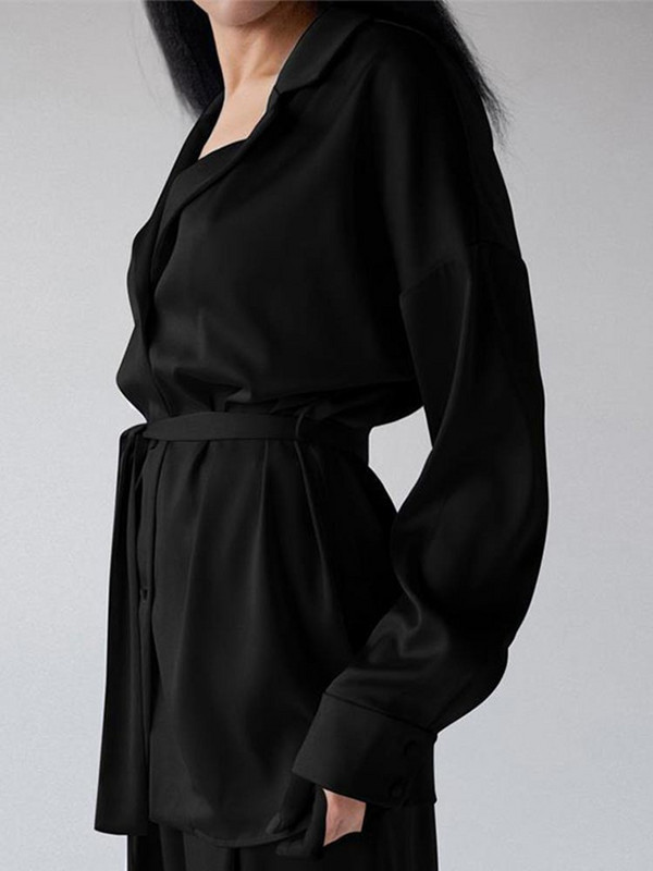 Blazer elegante din satin cu mâneci lungi costume femei guler răsturnat cu curea Seturi 2 piese 2022 toamna dame ținute pantaloni cu talie înaltă