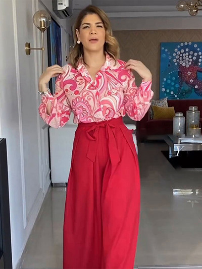 Šikk trükitud kaheosalised komplektid naistele Moodne pikkade varrukatega särk kõrge vöökohaga laia säärega pükskostüüm 2023. aasta kontorinaiste pitsilised rõivad