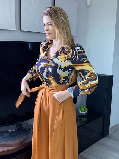 Šikk trükitud kaheosalised komplektid naistele Moodne pikkade varrukatega särk kõrge vöökohaga laia säärega pükskostüüm 2023. aasta kontorinaiste pitsilised rõivad