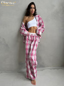 Clacive Fashion Labavi karirani pamučni kompleti od 2 komada Ženska odjeća Elegantna majica dugih rukava koja odgovara srednjem struku Široki komplet hlača Novo u ponudi