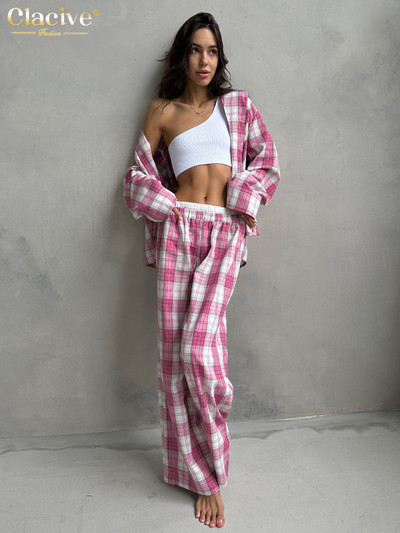 Clacive Fashion Labavi karirani pamučni kompleti od 2 komada Ženska odjeća Elegantna majica dugih rukava koja odgovara srednjem struku Široki komplet hlača Novo u ponudi