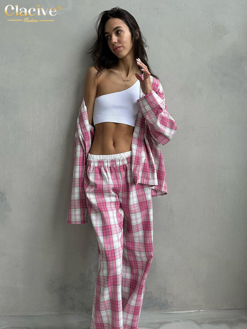 Clacive Fashion Labavi karirani pamučni kompleti od 2 komada Ženska odjeća Elegantna majica dugih rukava koja odgovara srednjem struku Široki komplet hlača Novo u ponudi