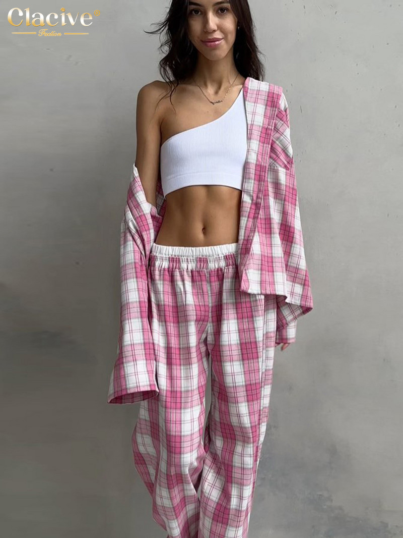 Clacive Fashion Labavi karirani pamučni kompleti od 2 komada Ženska odjeća Elegantna majica dugih rukava koja odgovara srednjem struku Široki komplet hlača Novo u ponudi