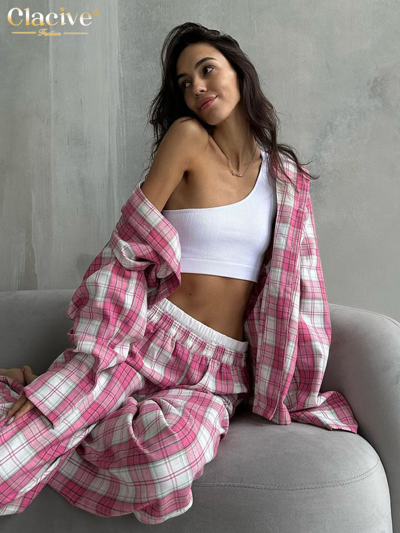 Clacive Fashion Labavi karirani pamučni kompleti od 2 komada Ženska odjeća Elegantna majica dugih rukava koja odgovara srednjem struku Široki komplet hlača Novo u ponudi
