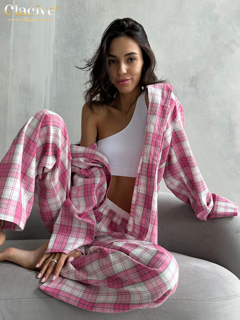 Clacive Fashion Labavi karirani pamučni kompleti od 2 komada Ženska odjeća Elegantna majica dugih rukava koja odgovara srednjem struku Široki komplet hlača Novo u ponudi