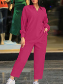 Módne jarné obleky s dlhým rukávom pre ženy 2023 VONDA ležérne obleky s výstrihom do V, košeľa s voľnými nohavicami, súpravy, dámske maxi sety, nadrozmerné