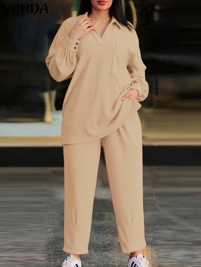 Módne jarné obleky s dlhým rukávom pre ženy 2023 VONDA ležérne obleky s výstrihom do V, košeľa s voľnými nohavicami, súpravy, dámske maxi sety, nadrozmerné