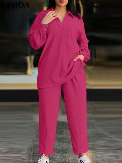 Módne jarné obleky s dlhým rukávom pre ženy 2023 VONDA ležérne obleky s výstrihom do V, košeľa s voľnými nohavicami, súpravy, dámske maxi sety, nadrozmerné