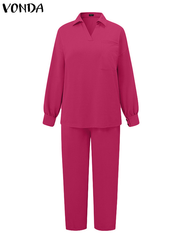 Módne jarné obleky s dlhým rukávom pre ženy 2023 VONDA ležérne obleky s výstrihom do V, košeľa s voľnými nohavicami, súpravy, dámske maxi sety, nadrozmerné