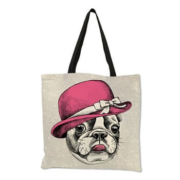 Creative Bulldog Terrier Print Tote Bag Дамски чанти Еко ленени пазарски чанти с персонализиран печат Пътни училищни чанти