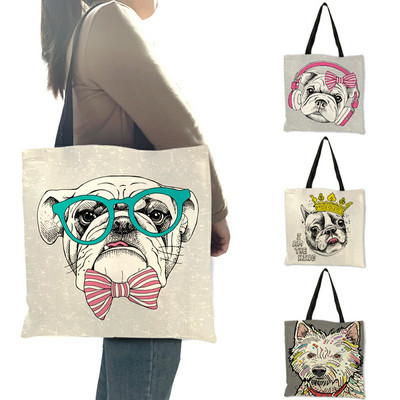 Genți de tote cu imprimeu Bulldog Terrier creativ Genți de mână pentru femei Genți de cumpărături din in ecologică cu imprimare personalizată Genți de școală de călătorie