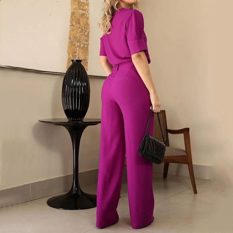 BEACHBELE Femei Seturi Două Piese Elegante Decolteu O Maneca Scurta Pantaloni Lungi Seturi Solid Mov Birou Tinute Doamne Cu Buzunar