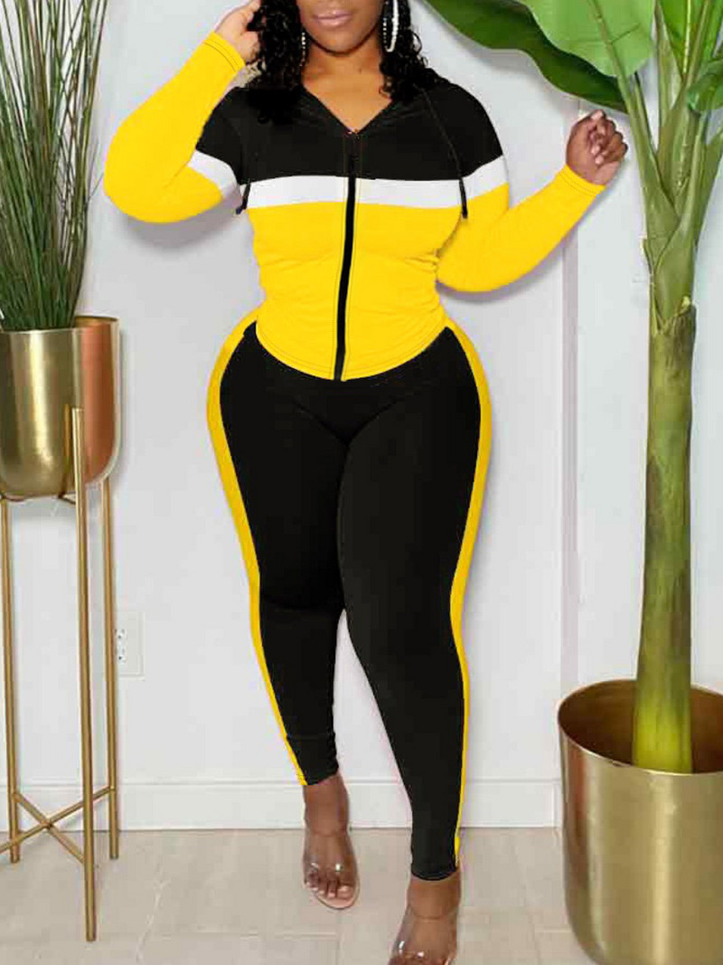 LW Ženska jesensko-zimska dvodijelna elastična trenirka s ovratnikom s kapuljačom i dugim rukavima na pruge u šarenom stilu, dvodijelni komplet hlača