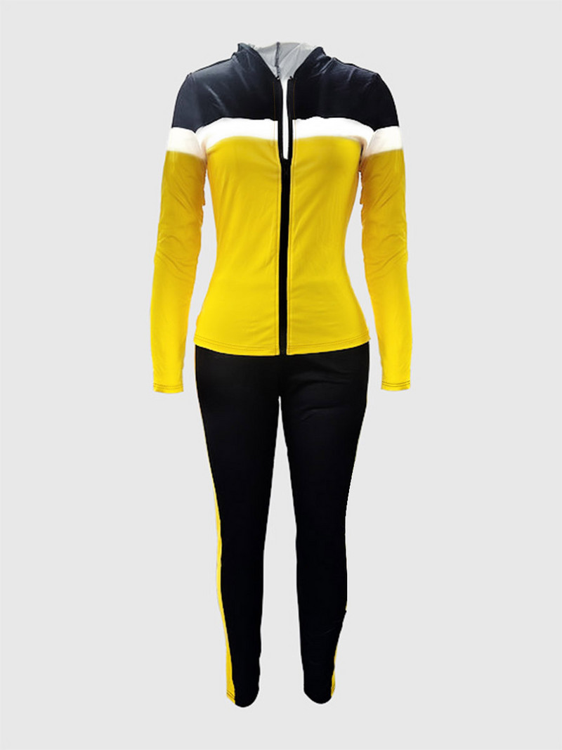 LW Ženska jesensko-zimska dvodijelna elastična trenirka s ovratnikom s kapuljačom i dugim rukavima na pruge u šarenom stilu, dvodijelni komplet hlača