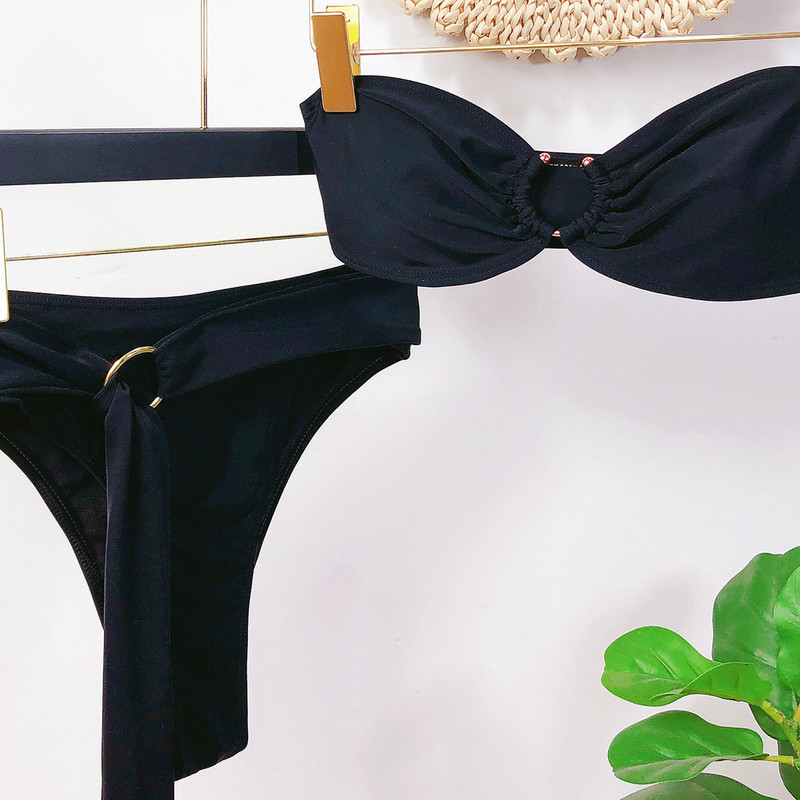 2023 Sexy Bikiny Bandeau Dámske Snakeskin Čierne Plavky Plavky Bikiny Set Plavky Dámsky Opasok Kovový Obruč Dekor Banadores