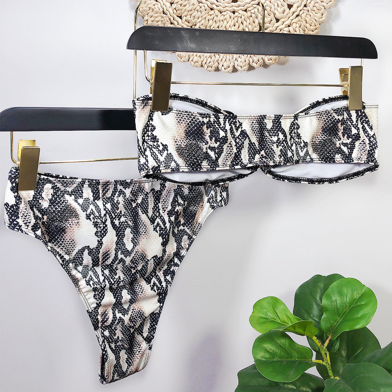 2023 Sexy Bikiny Bandeau Dámske Snakeskin Čierne Plavky Plavky Bikiny Set Plavky Dámsky Opasok Kovový Obruč Dekor Banadores