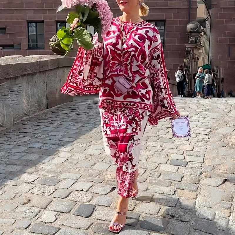 Waytobele naiste kaheosaline sügismoe komplekt trükitud pika Batwing Crew lahtised ülemise joonega seelikukomplektid naiste kontorisse