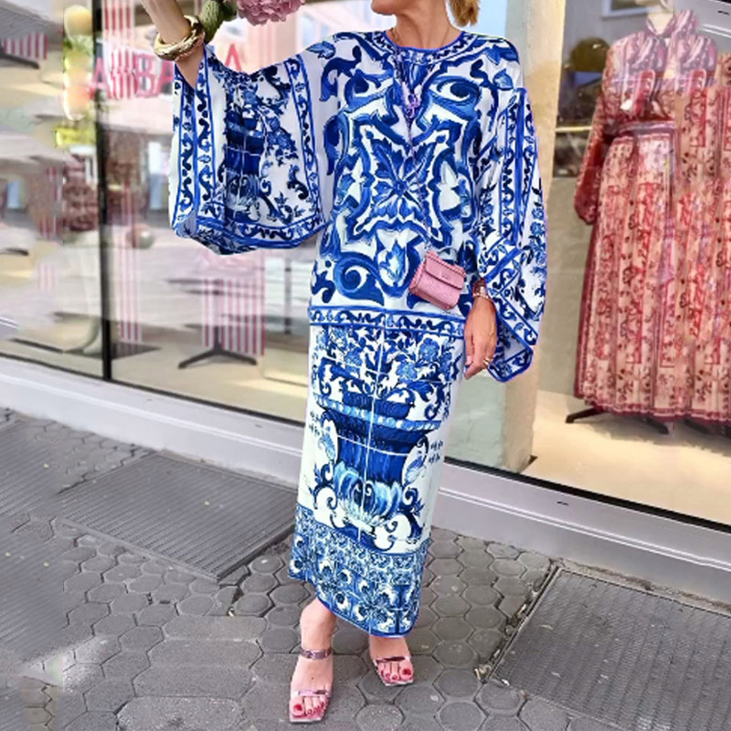 Waytobele naiste kaheosaline sügismoe komplekt trükitud pika Batwing Crew lahtised ülemise joonega seelikukomplektid naiste kontorisse