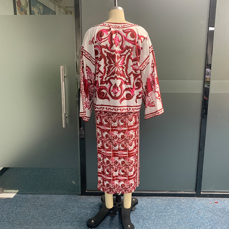 Waytobele naiste kaheosaline sügismoe komplekt trükitud pika Batwing Crew lahtised ülemise joonega seelikukomplektid naiste kontorisse